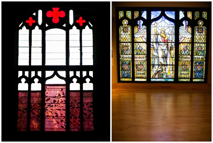 #24-  Seeing the stained-glass window from Benjamin Harrison's wife (on the right) that used to be in my church (current window on left)