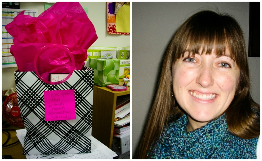 #4- A birthday month present on the first February school day.  Thanks for the handmade scarf, Stefanie!